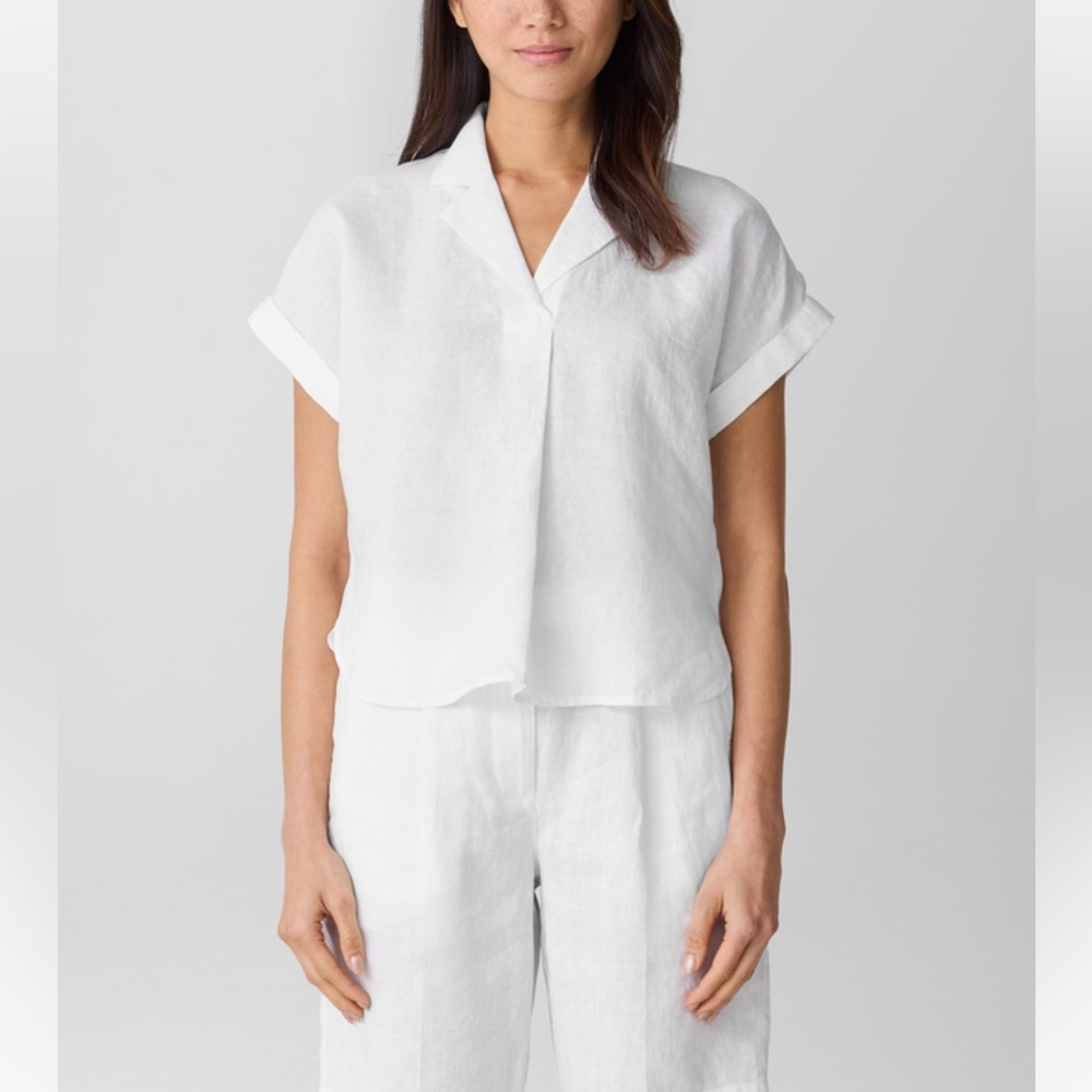 EILEEN FISHER Organic Handkerchief Linen Notch Collar Top, size XL White  EUC